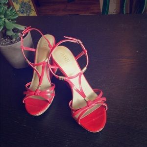 Red patent & cork wedge heels